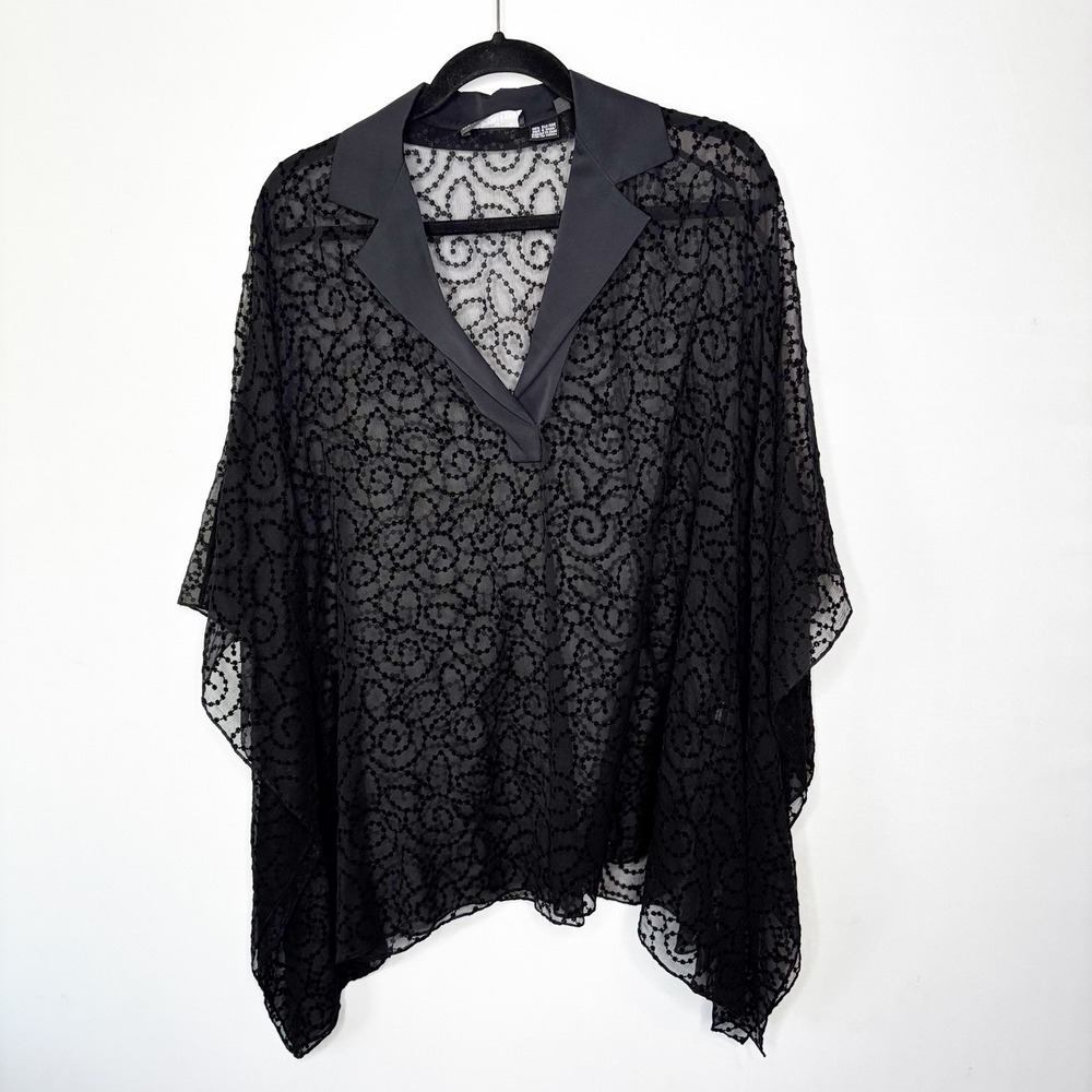 Whimsy Goth Silk Sheer Batwing Tunic Top Women Size M Black Embroidered‎ Poncho - Picture 9 of 9